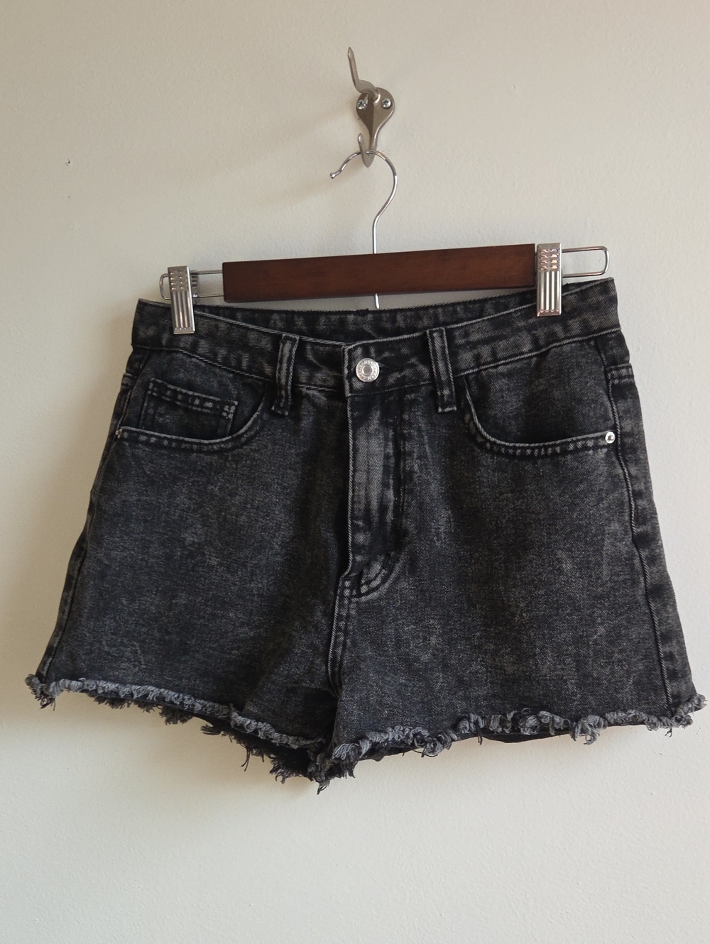 SHEIN Washed Black High-Rise Denim Shorts with Frayed Hem